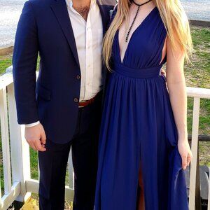 Plunging Neckline Blue Dress